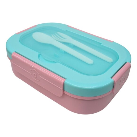 Bento Box Leak Proof Lunch Container Pink Green w/ Lid Fork Spoon 4 Compartment - Picture 1 of 15